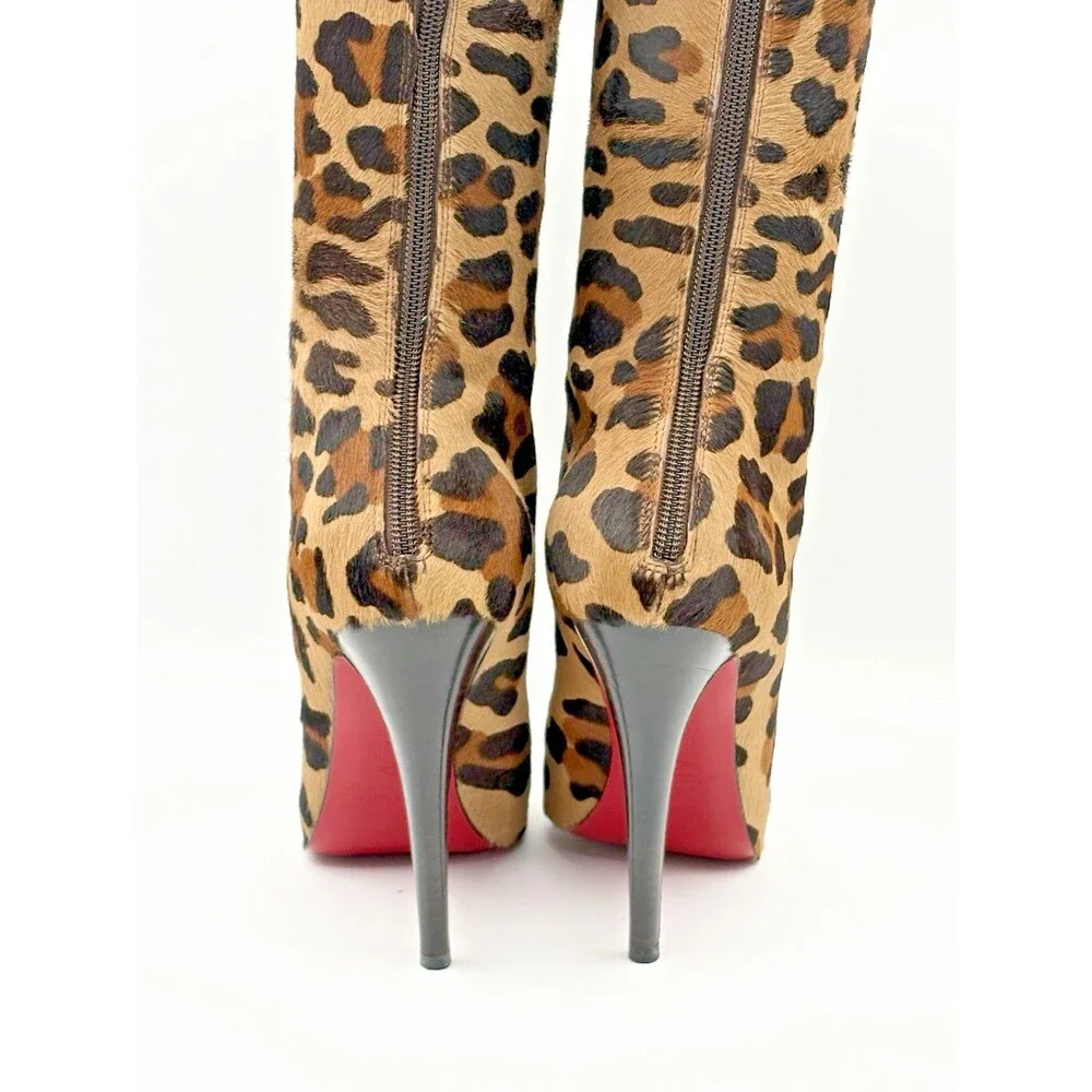Christian Louboutin Cheetah Print Pony Hair Knee High Platform Boots Size EU 35